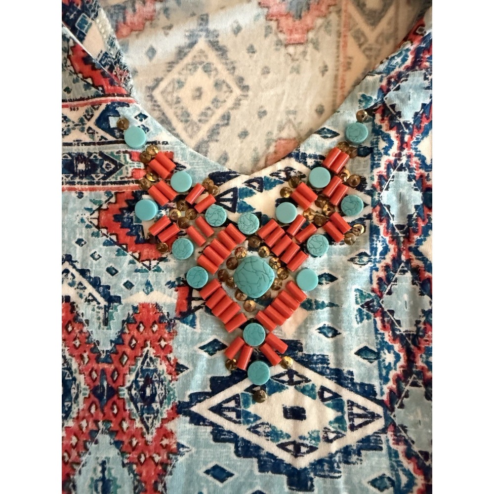 Ruby Rd Petite Aztec Embellished Tank Top Rust Turquoise Medium PS - Picture 2 of 7